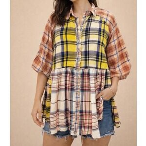 FP2 We The Free Free people Moon Bay Mixed Plaid top Tunic Shirt Blouse Small